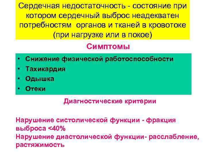 Сердечная недостаточность - состояние при котором сердечный выброс неадекватен потребностям органов и тканей в