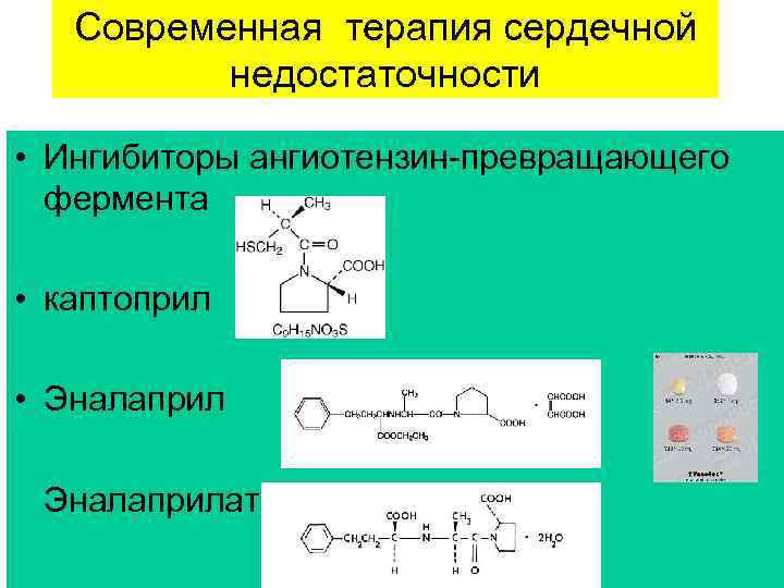 Современная терапия сердечной недостаточности • Ингибиторы ангиотензин-превращающего фермента • каптоприл • Эналаприлат 