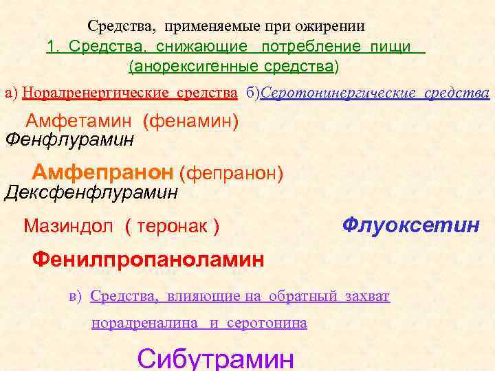 Средства, применяемые при ожирении 1. Средства, снижающие потребление пищи (анорексигенные средства) а) Норадренергические средства