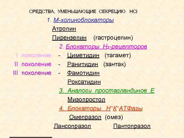 СРЕДСТВА, УМЕНЬШАЮЩИЕ СЕКРЕЦИЮ HCl 1. М-холиноблокаторы Атропин Пирензепин (гастроцепин) 2. Блокаторы Н 2 -рецепторов