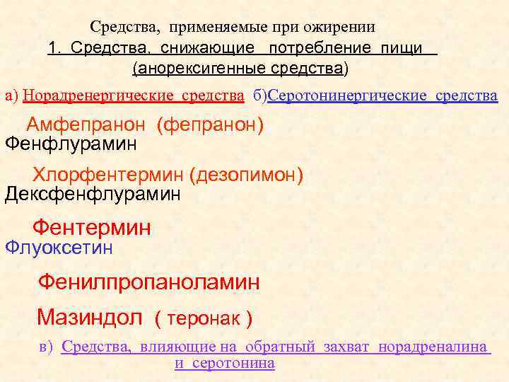 Средства, применяемые при ожирении 1. Средства, снижающие потребление пищи (анорексигенные средства) а) Норадренергические средства