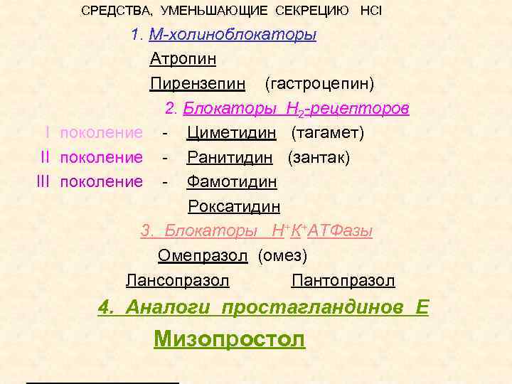 СРЕДСТВА, УМЕНЬШАЮЩИЕ СЕКРЕЦИЮ HCl 1. М-холиноблокаторы Атропин Пирензепин (гастроцепин) 2. Блокаторы Н 2 -рецепторов