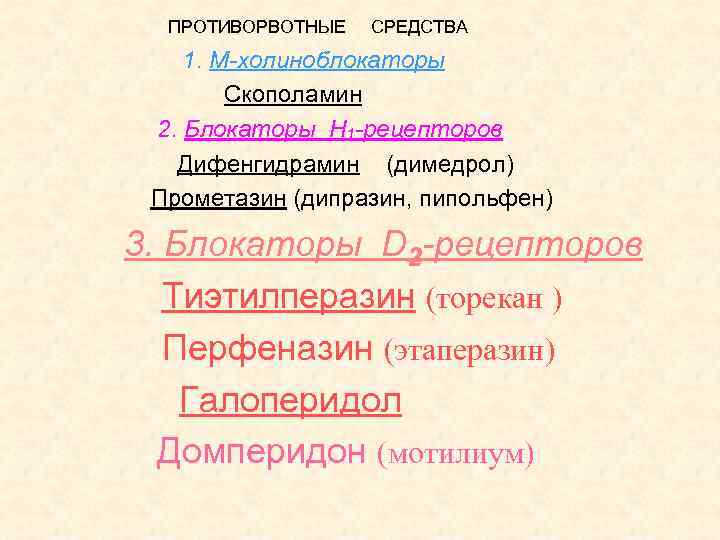 ПРОТИВОРВОТНЫЕ СРЕДСТВА 1. М-холиноблокаторы Скополамин 2. Блокаторы Н 1 -рецепторов Дифенгидрамин (димедрол) Прометазин (дипразин,