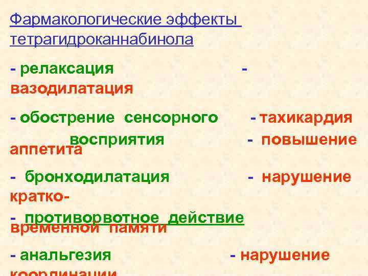 Фармакологические эффекты тетрагидроканнабинола - релаксация вазодилатация - обострение сенсорного восприятия аппетита - тахикардия -