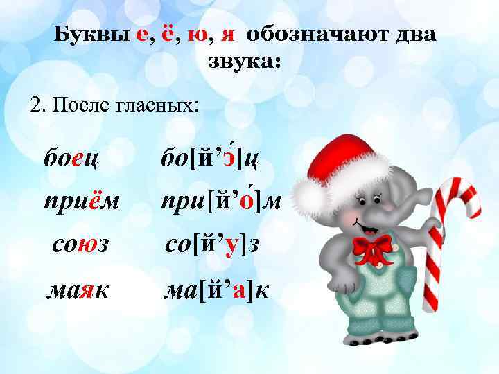 Буквы е, ё, ю, я обозначают два звука: 2. После гласных: боец бо[й’э ]ц