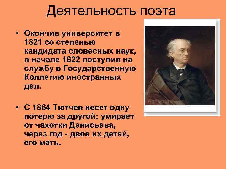 Деятельность поэта • Окончив университет в 1821 со степенью кандидата словесных наук, в начале