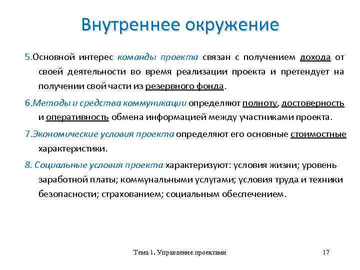 Внутреннее окружение 5. Основной интерес команды проекта связан с получением дохода от своей деятельности