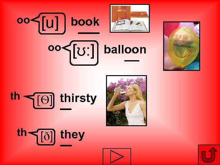 oo [u] oo th th book [ʊ: ] [Ѳ] thirsty [ð] they balloon 