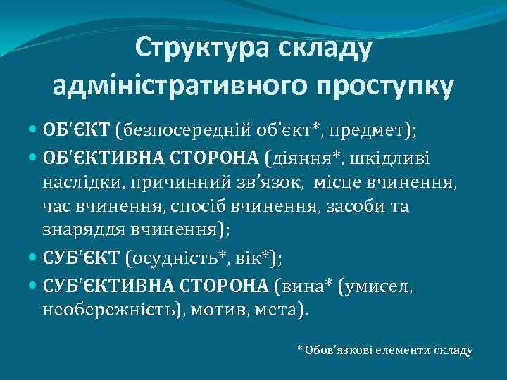 Структура складу адміністративного проступку ОБ'ЄКТ (безпосередній об'єкт*, предмет); ОБ'ЄКТИВНА СТОРОНА (діяння*, шкідливі наслідки, причинний