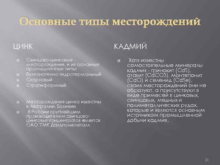 Основные типы месторождений ЦИНК Свинцово-цинковые месторождения, и их основные промышленные типы: Вулканогенно гидротермальный Скарновый