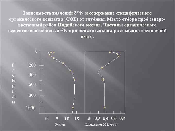 Зависимость значений δ 15 N и содержание специфического органического вещества (СОВ) от глубины. Место
