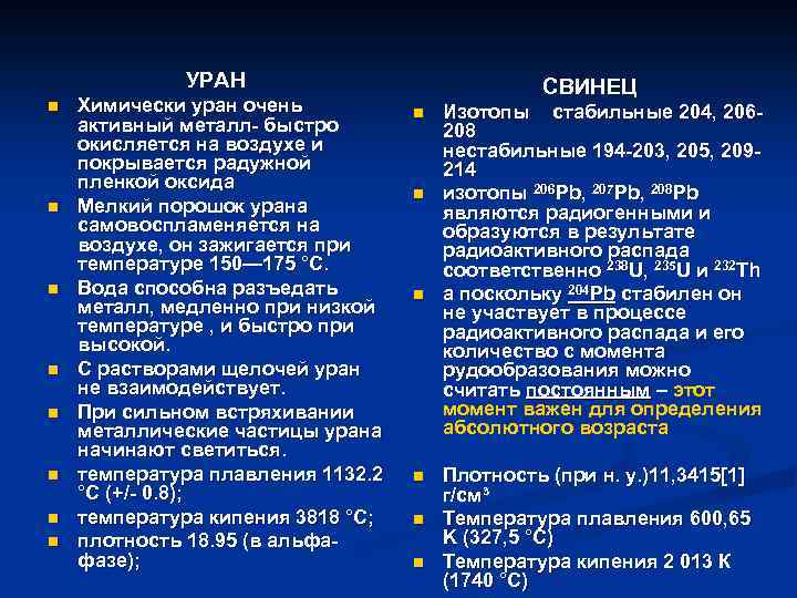 УРАН n n n n Химически уран очень активный металл- быстро окисляется на воздухе