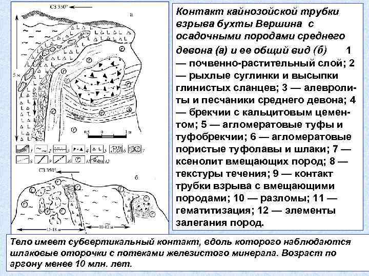 Контакт кайнозойской трубки взрыва бухты Вершина с осадочными породами среднего девона (а) и ее