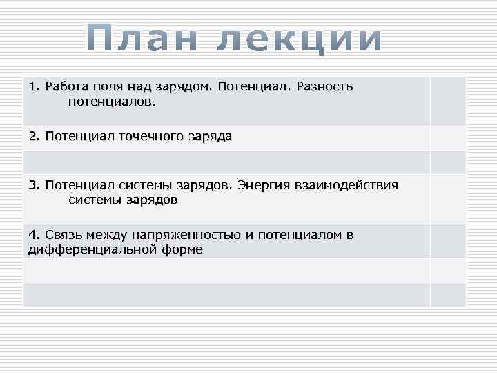 1. Работа поля над зарядом. Потенциал. Разность потенциалов. 2. Потенциал точечного заряда 3. Потенциал