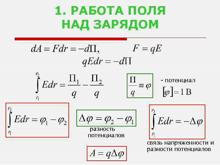 1. РАБОТА ПОЛЯ НАД ЗАРЯДОМ - потенциал разность потенциалов связь напряженности и разности потенциалов