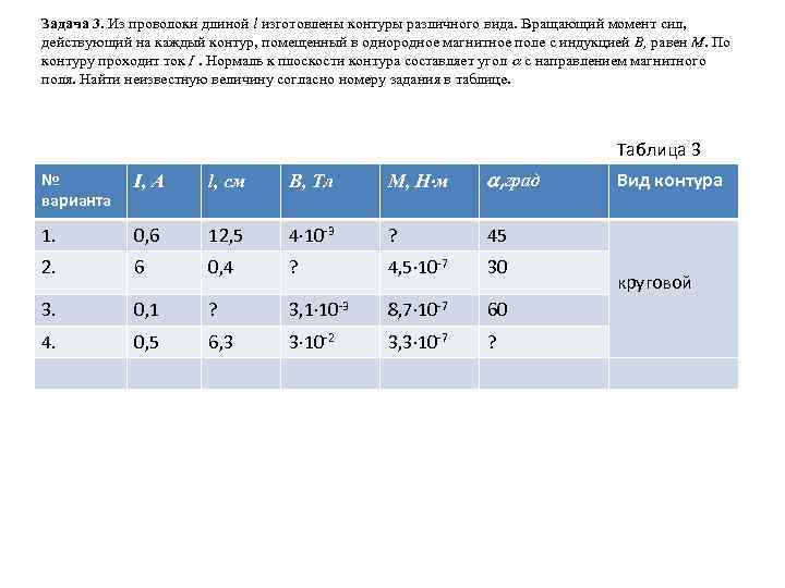 Задача 3. Из проволоки длиной l изготовлены контуры различного вида. Вращающий момент сил, действующий