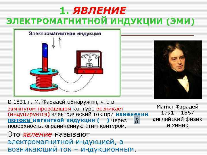 1. ЯВЛЕНИЕ ЭЛЕКТРОМАГНИТНОЙ ИНДУКЦИИ (ЭМИ) В 1831 г. М. Фарадей обнаружил, что в Майкл