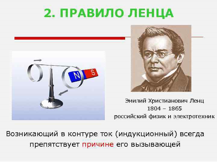 2. ПРАВИЛО ЛЕНЦА Эмилий Христианович Ленц 1804 – 1865 российский физик и электротехник Возникающий