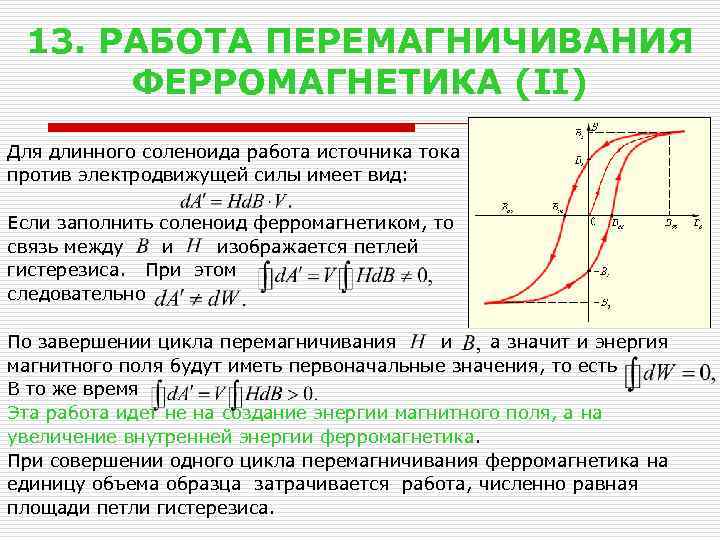 13. РАБОТА ПЕРЕМАГНИЧИВАНИЯ ФЕРРОМАГНЕТИКА (II) Для длинного соленоида работа источника тока против электродвижущей силы