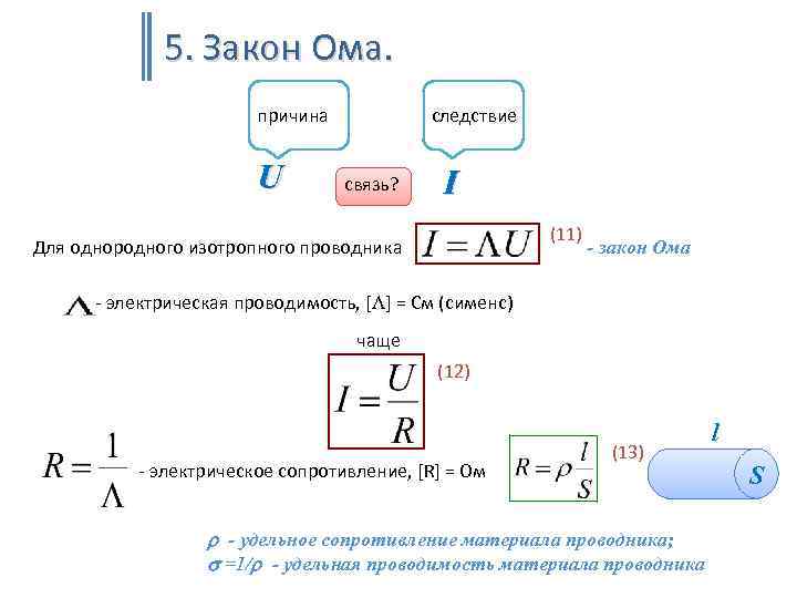 5. Закон Ома. причина U следствие связь? I (11) Для однородного изотропного проводника -