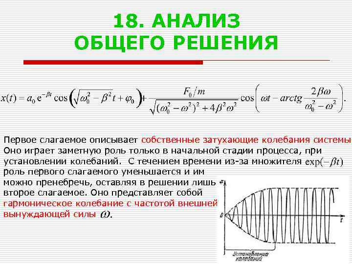 18. АНАЛИЗ ОБЩЕГО РЕШЕНИЯ Первое слагаемое описывает собственные затухающие колебания системы. Оно играет заметную