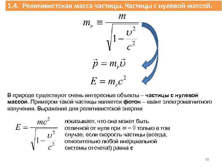 1. 4. Релятивистская масса частицы. Частицы с нулевой массой. В природе существуют очень интересные