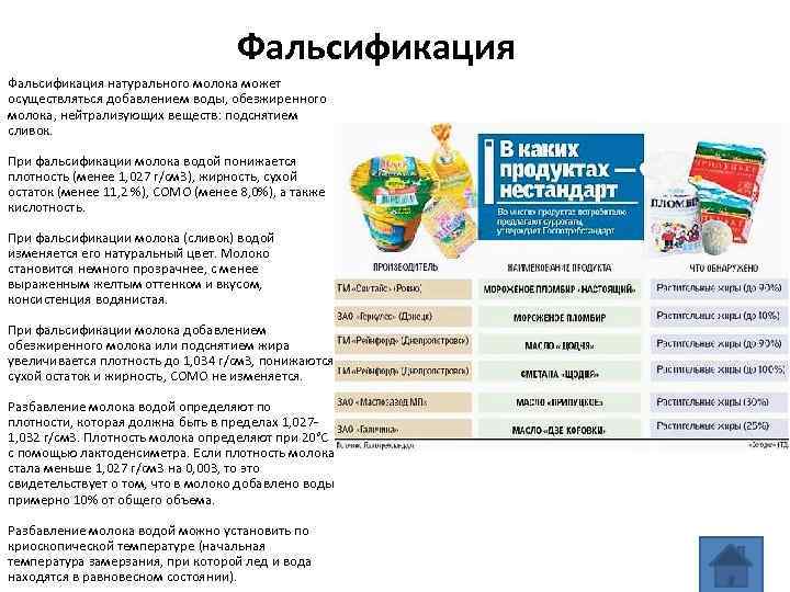 Фальсификация натурального молока может осуществляться добавлением воды, обезжиренного молока, нейтрализующих веществ: подснятием сливок. При