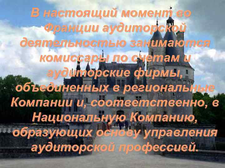 В настоящий момент во Франции аудиторской деятельностью занимаются комиссары по счетам и аудиторские фирмы,