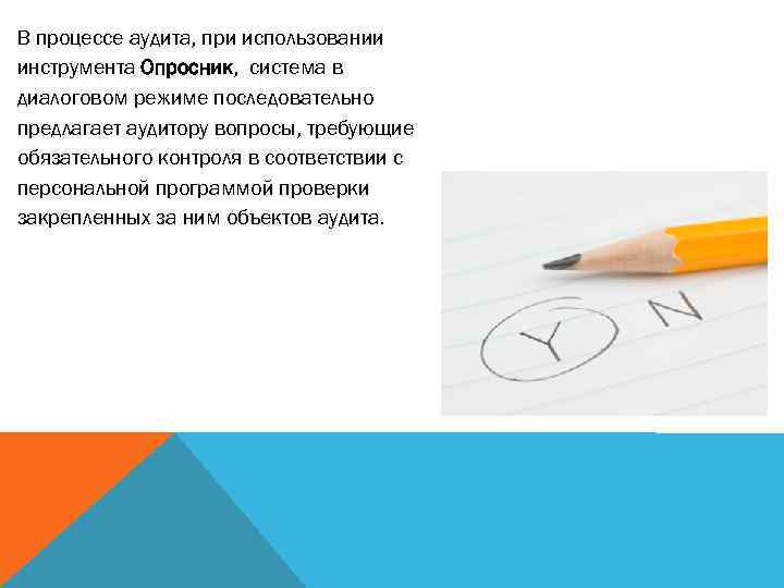 В процессе аудита, при использовании инструмента Опросник, система в диалоговом режиме последовательно предлагает аудитору
