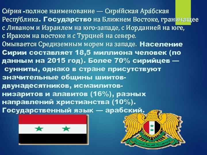 Си рия -полное наименование — Сири йская Ара бская Респу блика. Государство на Ближнем