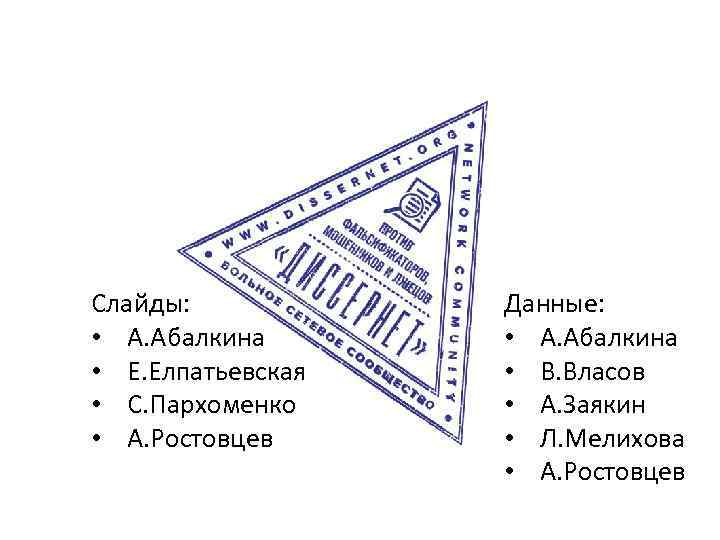 Слайды: • А. Абалкина • Е. Елпатьевская • С. Пархоменко • А. Ростовцев Данные: