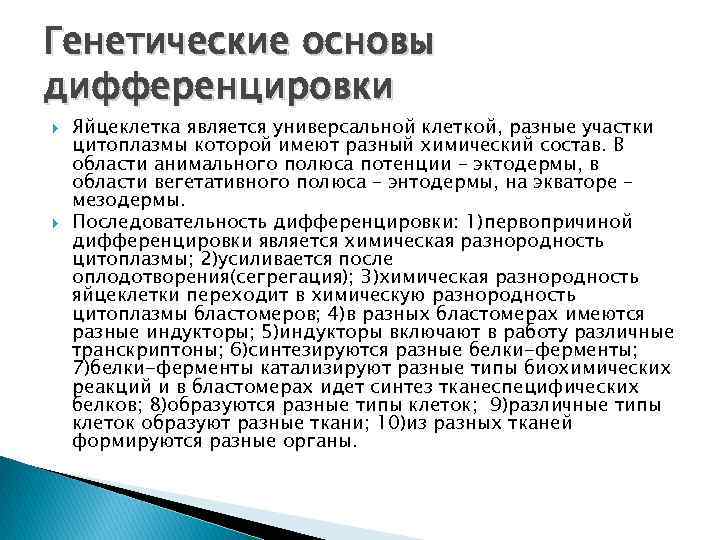 Генетические основы дифференцировки Яйцеклетка является универсальной клеткой, разные участки цитоплазмы которой имеют разный химический