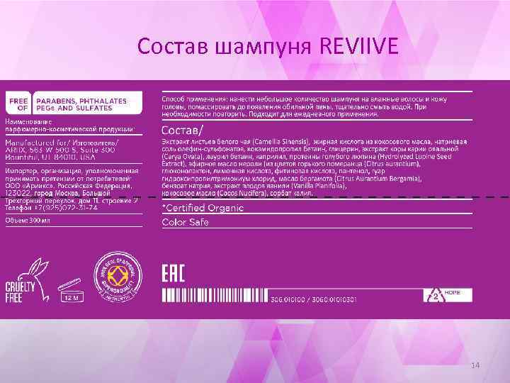 Состав шампуня REVIIVE 14 