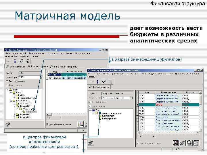 Финансовая структура Матричная модель дает возможность вести бюджеты в различных аналитических срезах в разрезе