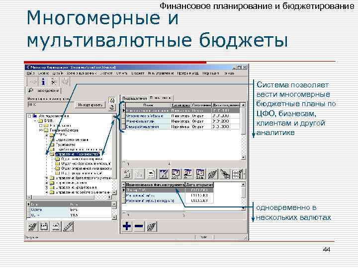 Финансовое планирование и бюджетирование Многомерные и мультивалютные бюджеты Система позволяет вести многомерные бюджетные планы