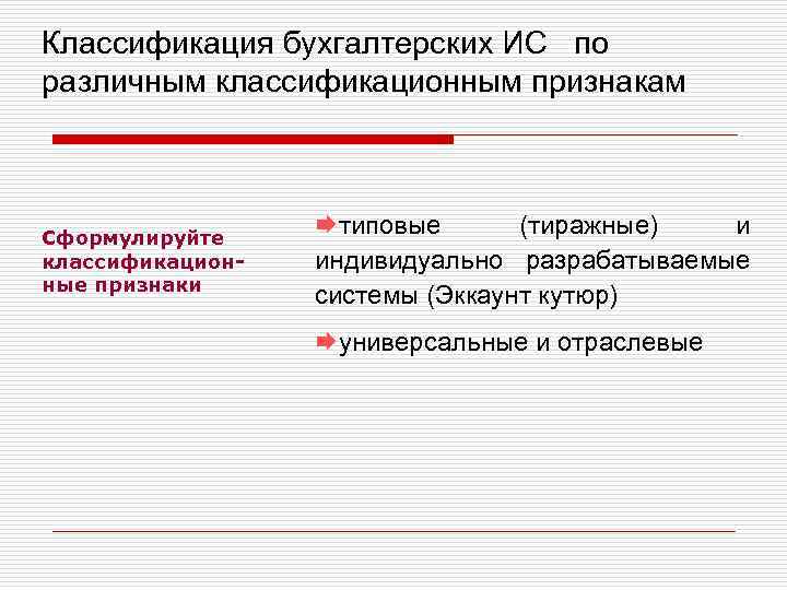 Классификация бухгалтерских ИС по различным классификационным признакам Сформулируйте классификационные признаки Æтиповые (тиражные) и индивидуально