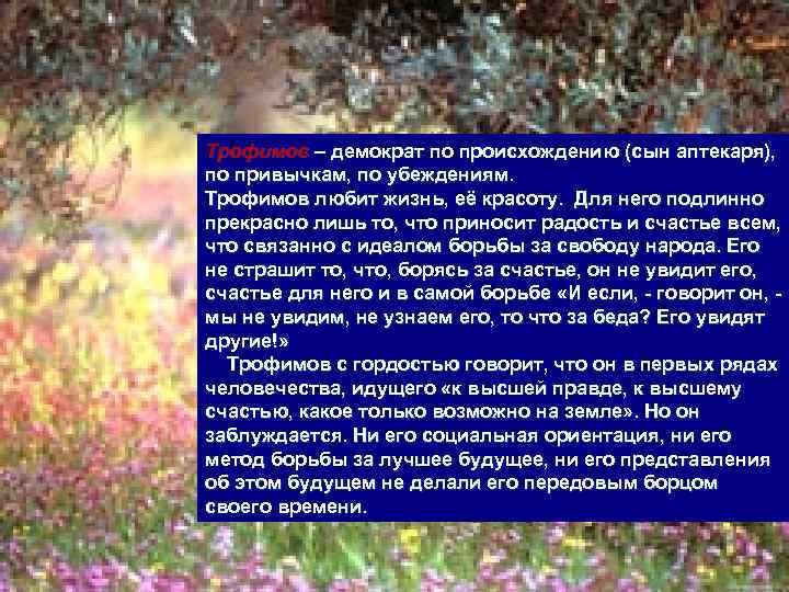 Трофимов – демократ по происхождению (сын аптекаря), по привычкам, по убеждениям. Трофимов любит жизнь,