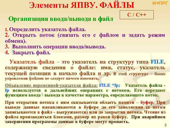 Элементы ЯПВУ. ФАЙЛЫ Организация ввода/вывода в файл И+ПРГ C / С++ 1. Определить указатель