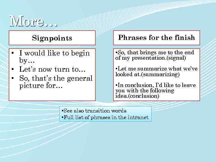 More… Signpoints • I would like to begin by… • Let’s now turn to…