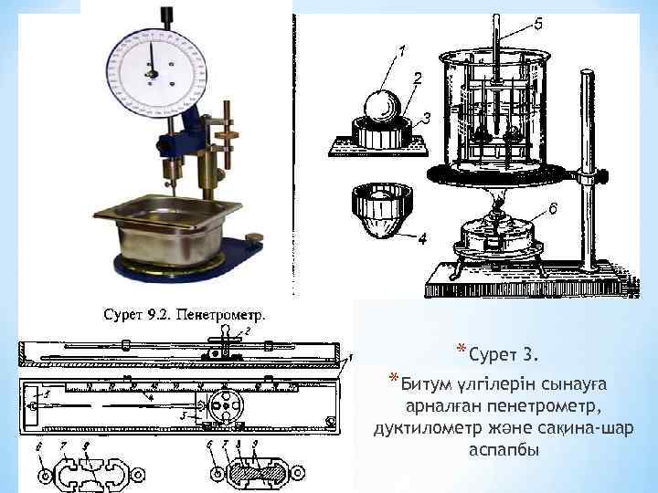 * Сурет 3. * Битум үлгілерін сынауға арналған пенетрометр, дуктилометр және сақина-шар аспапбы 