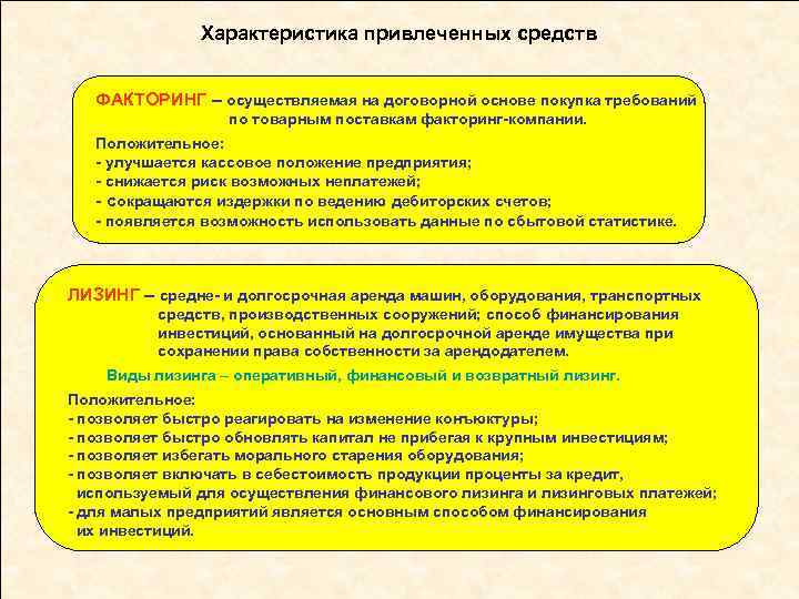 Характеристика привлеченных средств ФАКТОРИНГ – осуществляемая на договорной основе покупка требований по товарным поставкам