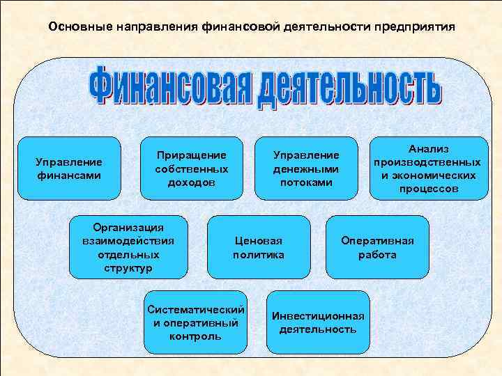 Основные направления финансовой деятельности предприятия Управление финансами Приращение собственных доходов Организация взаимодействия отдельных структур