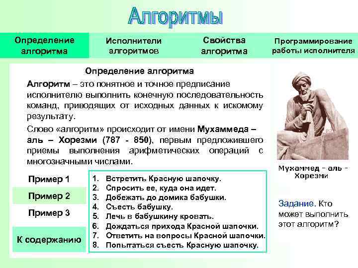 Определение алгоритма Исполнители алгоритмов Свойства алгоритма Программирование работы исполнителя Определение алгоритма Алгоритм – это