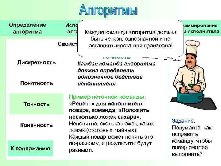 Определение алгоритма Свойства Исполнители Программирование работы исполнителя алгоритмов команда алгоритма должна алгоритма Каждая быть