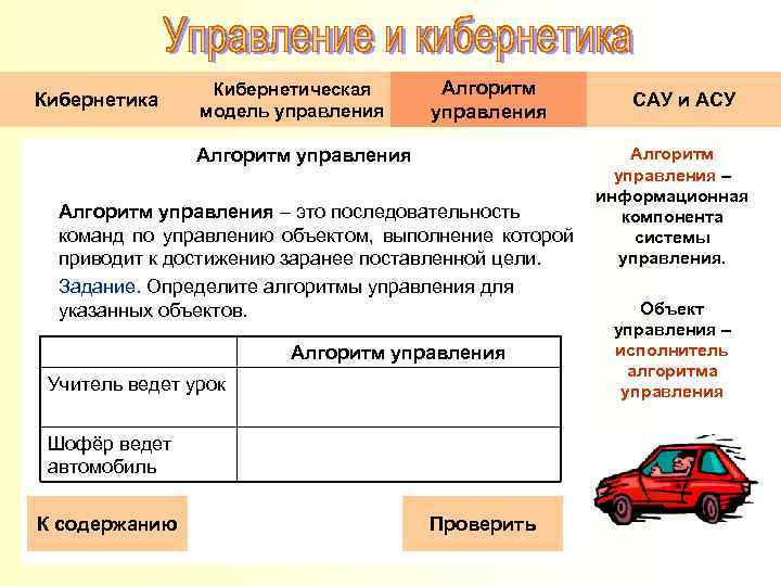 Кибернетика Кибернетическая модель управления Алгоритм управления – это последовательность команд по управлению объектом, выполнение