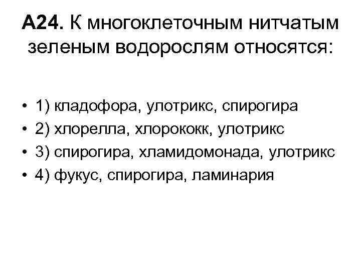 А 24. К многоклеточным нитчатым зеленым водорослям относятся: • • 1) кладофора, улотрикс, спирогира