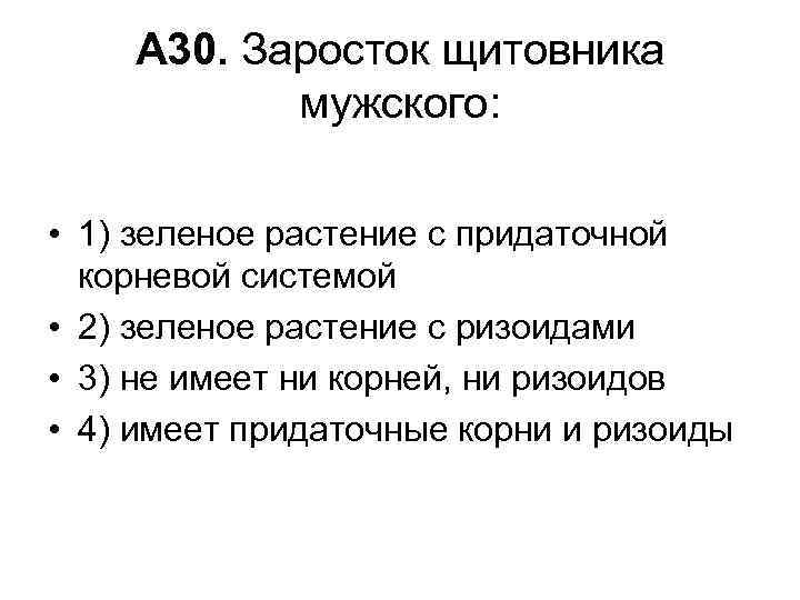 А 30. Заросток щитовника мужского: • 1) зеленое растение с придаточной корневой системой •