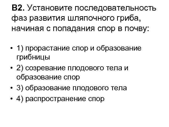 В 2. Установите последовательность фаз развития шляпочного гриба, начиная с попадания спор в почву: