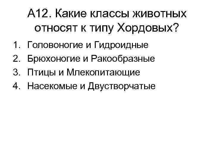 А 12. Какие классы животных относят к типу Хордовых? 1. 2. 3. 4. Головоногие