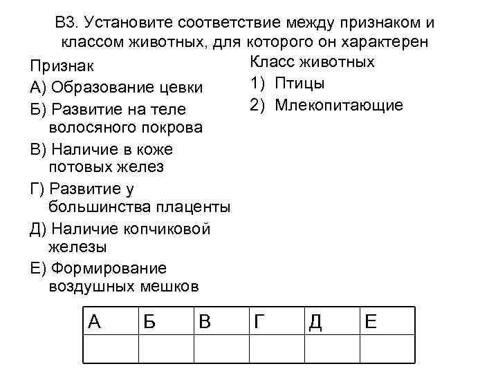 В 3. Установите соответствие между признаком и классом животных, для которого он характерен Класс